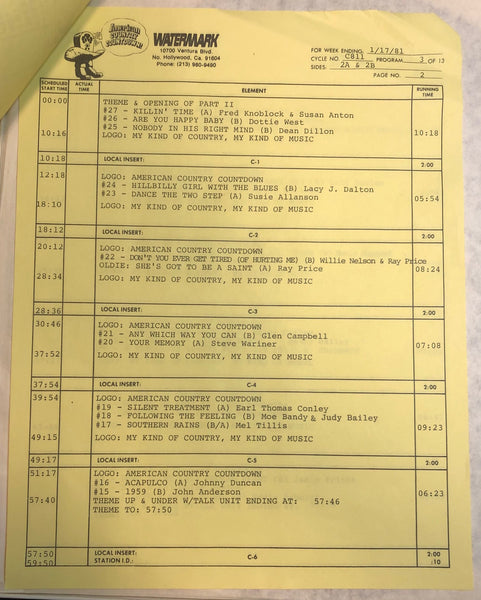 Various – American Country Countdown 01/17/81 - VG+ 3 LP Record Box Set 1981 Watermark USA Transcription Vinyl & Cue Sheets - Country / Radioplay - Shuga Records