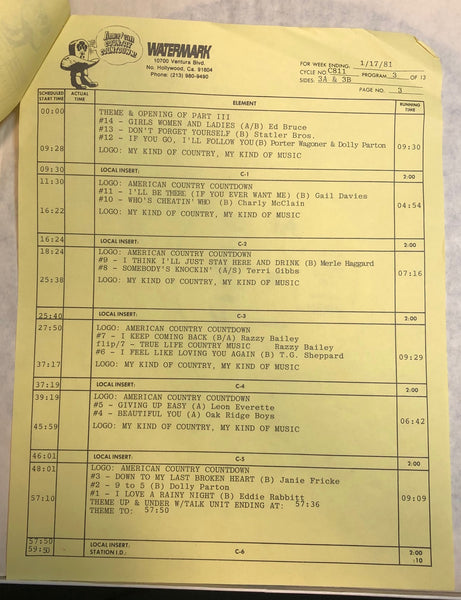 Various – American Country Countdown 01/17/81 - VG+ 3 LP Record Box Set 1981 Watermark USA Transcription Vinyl & Cue Sheets - Country / Radioplay - Shuga Records