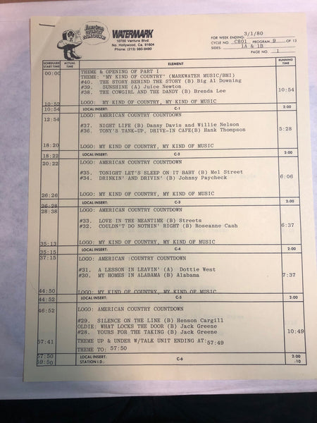 Various – American Country Countdown 3/1/80 - VG+ 3 LP Record Box Set 1980 Watermark USA Transcription Vinyl & Cue Sheets - Country / Radioplay - Shuga Records