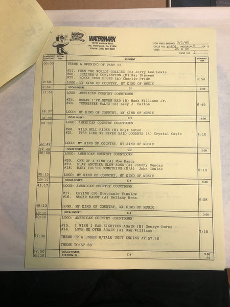Various – American Country Countdown 3/1/80 - VG+ 3 LP Record Box Set 1980 Watermark USA Transcription Vinyl & Cue Sheets - Country / Radioplay