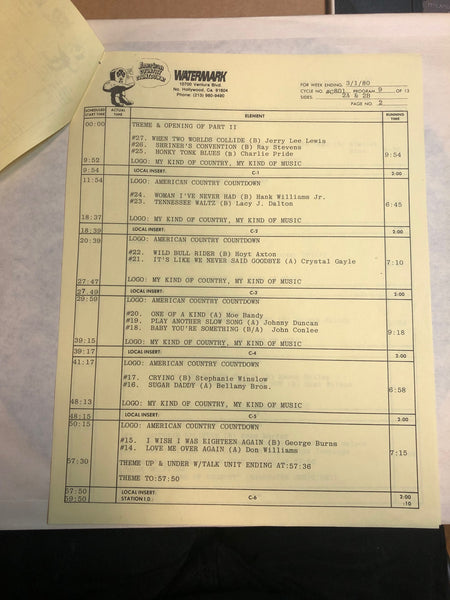 Various – American Country Countdown 3/1/80 - VG+ 3 LP Record Box Set 1980 Watermark USA Transcription Vinyl & Cue Sheets - Country / Radioplay - Shuga Records