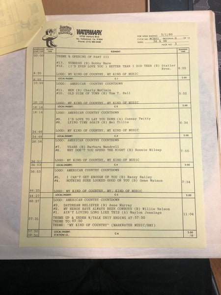 Various – American Country Countdown 3/1/80 - VG+ 3 LP Record Box Set 1980 Watermark USA Transcription Vinyl & Cue Sheets - Country / Radioplay - Shuga Records