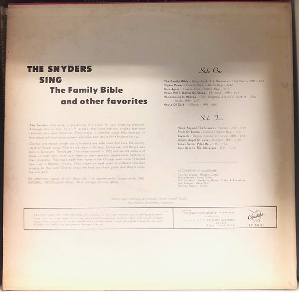 The Snyders – Sing The Family Bible And Other Favorites - VG+ LP Record 1960s Crusade USA Vinyl - Gospel / Country / Religious