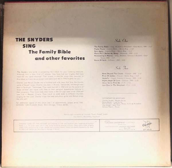 The Snyders – Sing The Family Bible And Other Favorites - VG+ LP Record 1960s Crusade USA Vinyl - Gospel / Country / Religious - Shuga Records