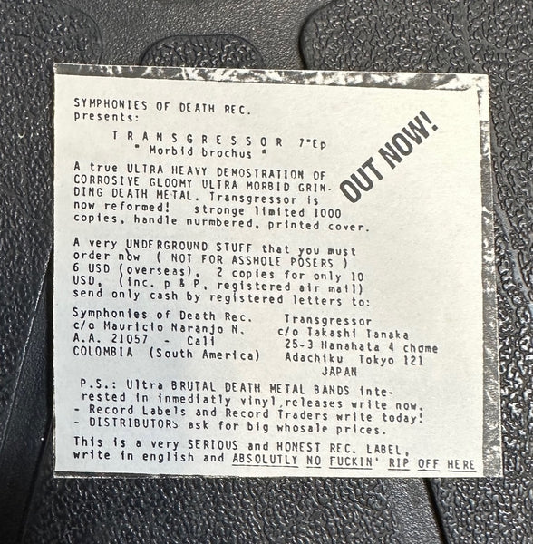 Transgressor – Morbid Brochus - VG+ 7" Single Record 1992 Symphonies Of Death Colombia White Label Vinyl & Insert - Grindcore / Death Metal - Shuga Records