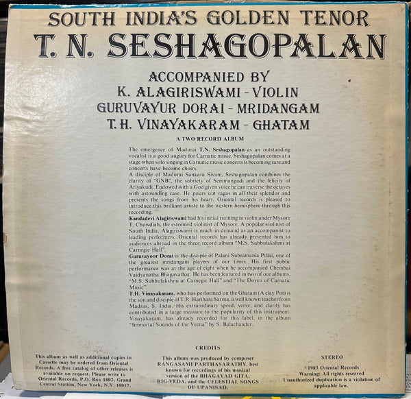 T.N. Seshagopalan – South India's Golden Tenor - VG+ 2 LP Record 1983 Oriental USA Vinyl - World / Carnatic / Indian Classical - Shuga Records