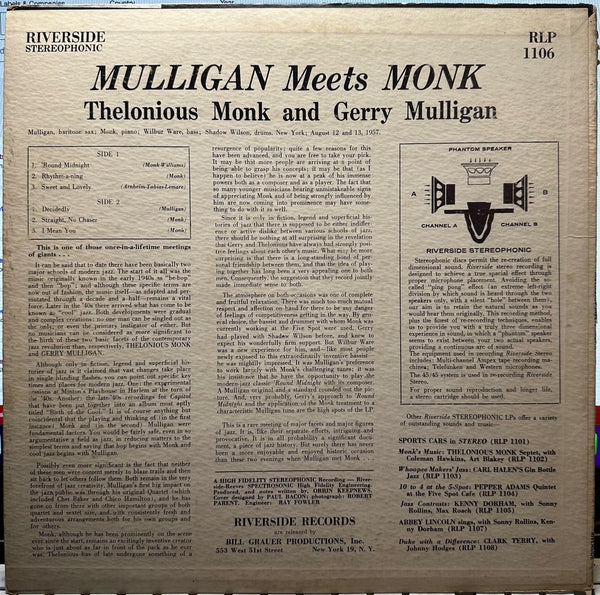 Thelonious Monk And Gerry Mulligan – Mulligan Meets Monk (1957) - VG+ LP Record 1959 Riverside Stereo USA Vinyl (Rare cover/label Variation) - Jazz / Bop / Cool Jazz - Shuga Records