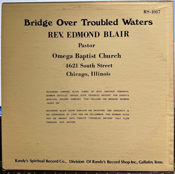 Rev. Edmond Blair & The Omega Baptist Church – Bridge Over Troubled Waters - VG+ LP Record 1960s Randy's Spiritual  USA Vinyl - Chicago Sermon - Shuga Records