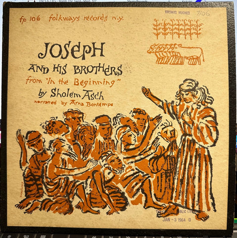 Sholem Asch, Arna Bontemps – Joseph And His Brothers - VG 10" LP Record 1955 Folkways USA Vinyl - Spoken Word / Religious