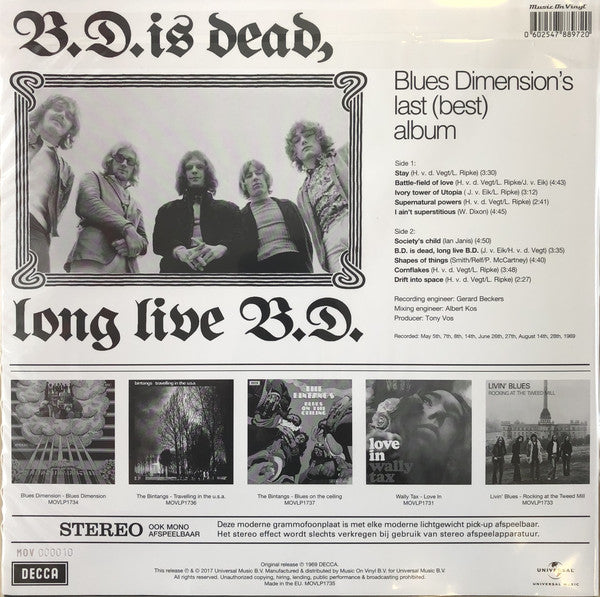 Blues Dimension ‎– B.D. Is Dead, Long Live B.D. (1969) - New LP Record 2017 Decca/Music On Vinyl ‎Europe Import 180 gram Blue Vinyl & Numbered -  Psychedelic Rock  / Blues Rock - Shuga Records