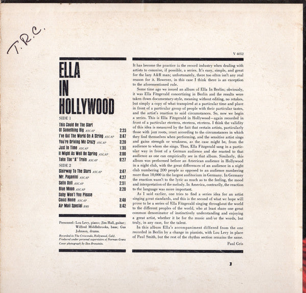 Ella Fitzgerald ‎– Ella In Hollywood - VG LP Record 1961 Verve USA Mono Vinyl - Jazz / Swing