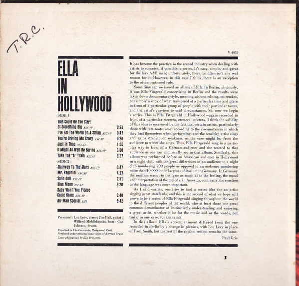 Ella Fitzgerald ‎– Ella In Hollywood - VG LP Record 1961 Verve USA Mono Vinyl - Jazz / Swing - Shuga Records
