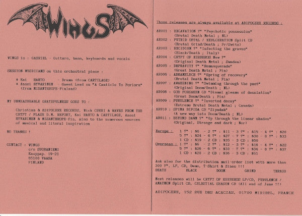 Wings – Thorns On Thy Oaken Throne - VG+ 7" Single Record 1993 Adipocere France Vinyl & Insert - Doom Metal / Death Metal - Shuga Records