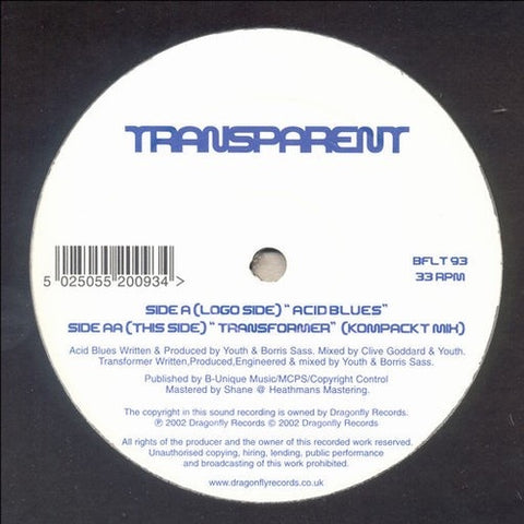 Transparent – Acid Blues / Transformer - New 12" Single Record 2002 Dragonfly UK Vinyl - Psy-Trance