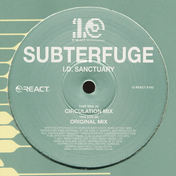 Subterfuge – I.D. Sanctuary - New 12" Single Record 2000 React UK Vinyl - Progressive House / Tech House - Shuga Records