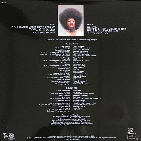 Betty Davis ‎– Betty Davis  Betty Davis ‎– Betty Davis (1973) - New LP Record 2017 Vinyl Me, Please/Light In The Attic USA Silver & Blue Splatter 180 gram Vinyl - Funk / Soul - Shuga Records
