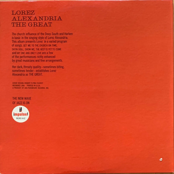 Lorez Alexandria – Alexandria The Great - VG LP Record 1964 Impulse! USA Mono Vinyl - Jazz / Cool Jazz / Vocal - Shuga Records