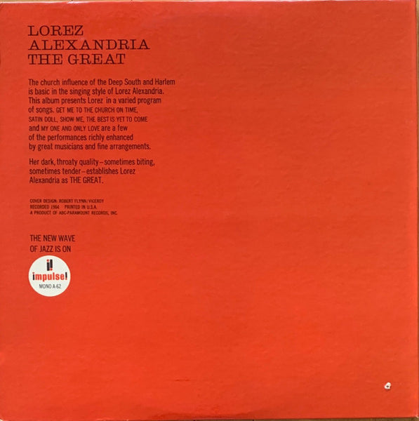 Lorez Alexandria – Alexandria The Great - VG LP Record 1964 Impulse! USA Mono Vinyl - Jazz / Cool Jazz / Vocal