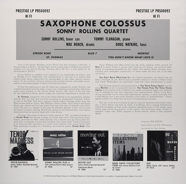 Sonny Rollins - Saxophone Colossus (1956) - New LP Record 2017 Prestige USA 180 gram Mono Vinyl - Jazz / Bop - Shuga Records