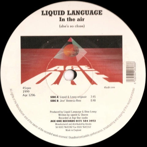 Liquid Language – In The Air (She's So Close) - New 12" Single Record 1999 Age One UK Vinyl - Progressive Trance