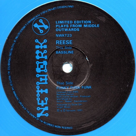 Reese – Funky Funk Funk / Bassline - VG+ 12" Single Record 1991 Network UK Import Blue Vinyl (Plays Inside-Out) - Detroit Techno