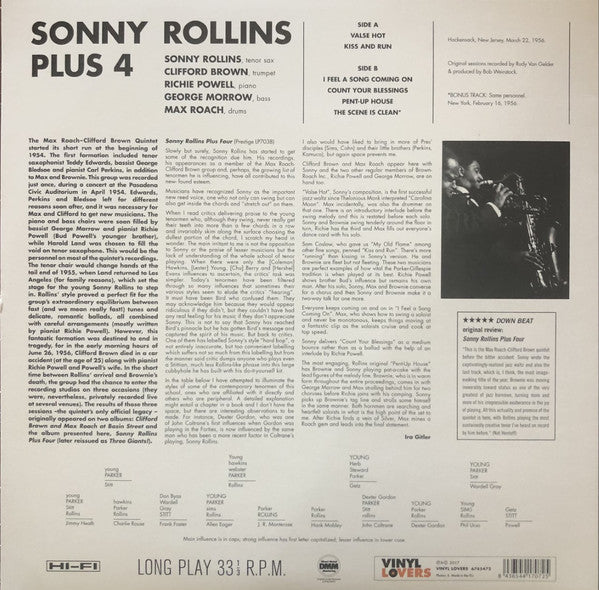 Sonny Rollins, Clifford Brown, Max Roach, Richie Powell, George Morrow ‎– Sonny Rollins Plus 4 (1956) - New LP Record 2017 Vinyl Lovers Europe Vinyl - Jazz / Hard Bop