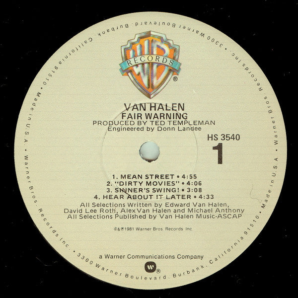 Van Halen ‎– Fair Warning - Mint- LP Record 1981 Warner USA Vinyl - Hard Rock / Pop Rock - Shuga Records