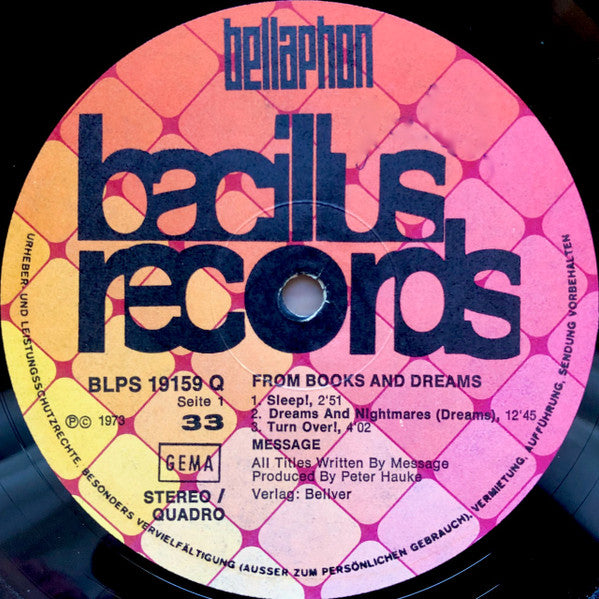 Message – From Books And Dreams - VG+ LP Record 1973 Bellaphon Bacillus Germany Vinyl - Krautrock / Prog Rock - Shuga Records