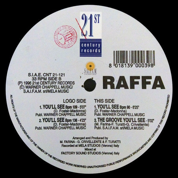 Raffa – You'll See - New 12" Single Record 1996 21st Century Italy Vinyl - Euro House / Italodance