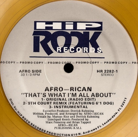 Afro-Rican – That's What I'm All About - Mint- 12" Single Record 1993 Hip Rock Transparent Yellow Vinyl - Electro / Hip Hop / House