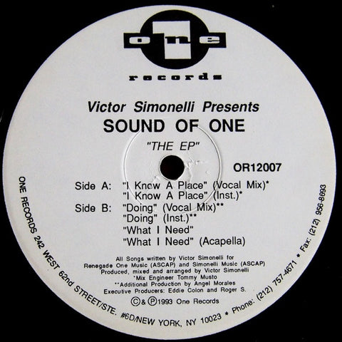 Victor Simonelli Presents Sound Of One – The EP - VG+ 12" Single Record 1993 One Records USA Vinyl - House / Garage House