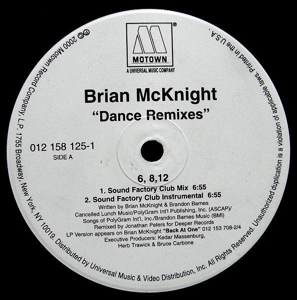 Brian McKnight – 6, 8, 12 / Back At One Dance Remixes - New Vinyl 12" Single 2000 USA - House