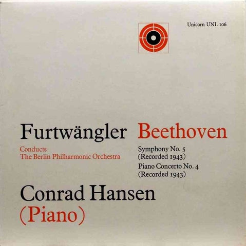 Furtwängler / Conrad Hansen – Beethoven - Symphony No. 5 Op. 67 / Piano Concerto No. 4 Op 58 - VG+ LP Record 1960s Unicorn UK Vinyl - Classical