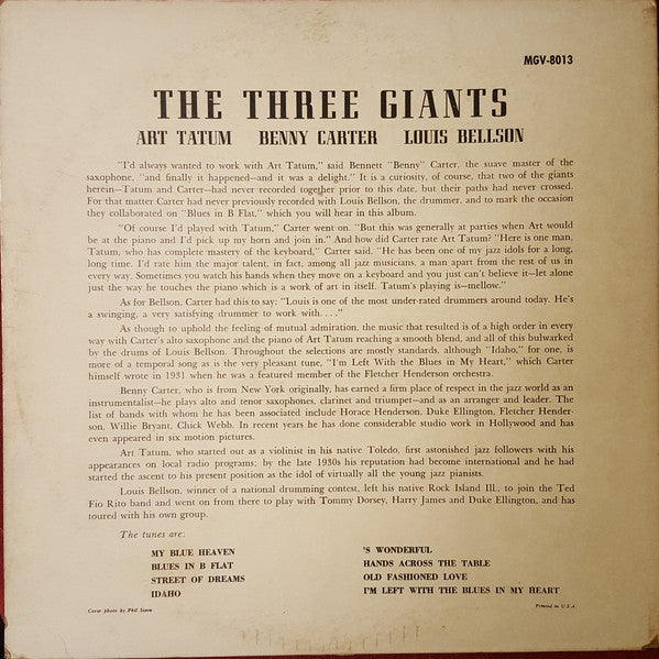 Art Tatum / Benny Carter / Louis Bellson - The Three Giants (1955)- VG+ LP Record 1957 Verve USA Mono Vinyl - Jazz / Swing