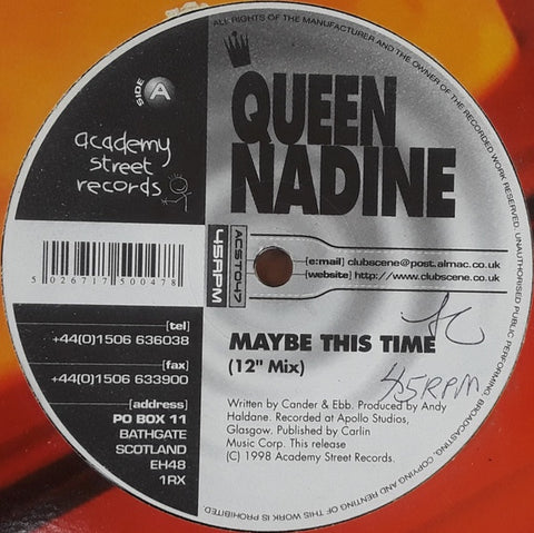 Queen Nadine – Maybe This Time - New 12" Single Record 1998 Academy Street UK Vinyl - Hi-NRG / Euro House