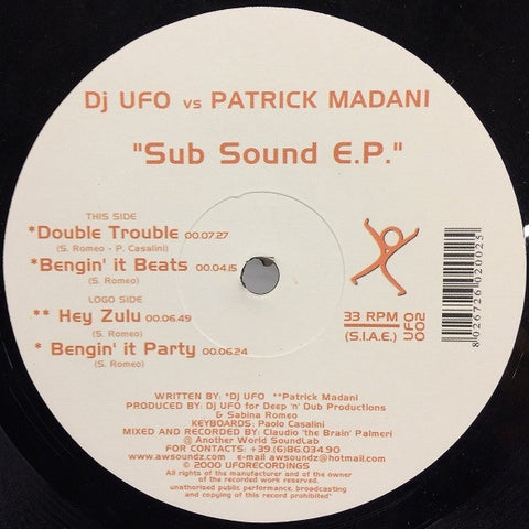 Dj Ufo vs Patrick Madani – Sub Sound Ep - New 12" Single Record 2000 Uforecordings Italy Vinyl - House / Tribal House