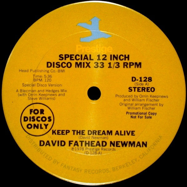 David Fathead Newman – Keep The Dream Alive / Clouds  - VG+ 12" Single Record 1978 Prestige Vinyl - Disco / Jazz-Funk