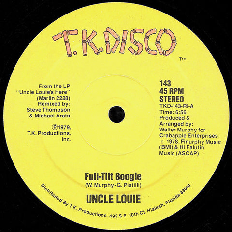 Uncle Louie ‎– Full-Tilt Boogie / Sky High - VG+ 12" Single Record 1979 T.K. Disco USA - Disco
