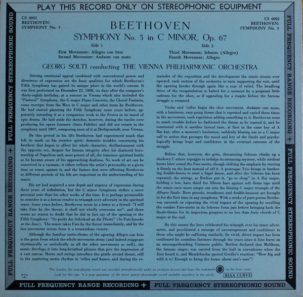 CS 6092 TAS Solti - Beethoven  Symphony No. 5 - VG+ LP Record 1959 London ffss UK Blue Back WB Vinyl - Classical - Shuga Records