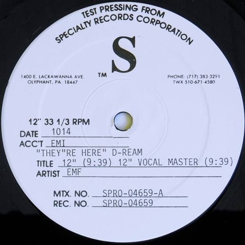 EMF – They're Here - Mint- 12" Single Record 1992 EMI USA Test Pressing Vinyl - Progressive House / Ambient