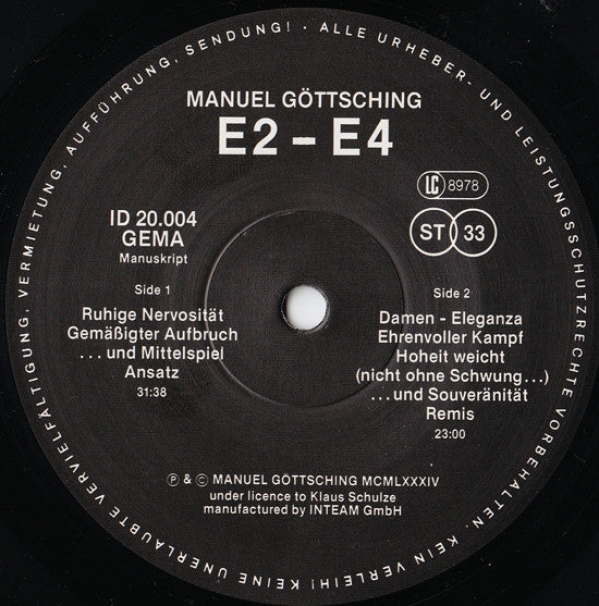 Manuel Göttsching – E2-E4 - Mint- LP Record 1984 Inteam GmbH Germnay Vinyl & Embossed Cover - Electronic / Minimal / Ambient - Shuga Records