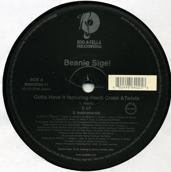 Beanie Sigel ‎– Gotta Have It - Mint- 12" Single Record 2004 USA Vinyl - Hip Hop