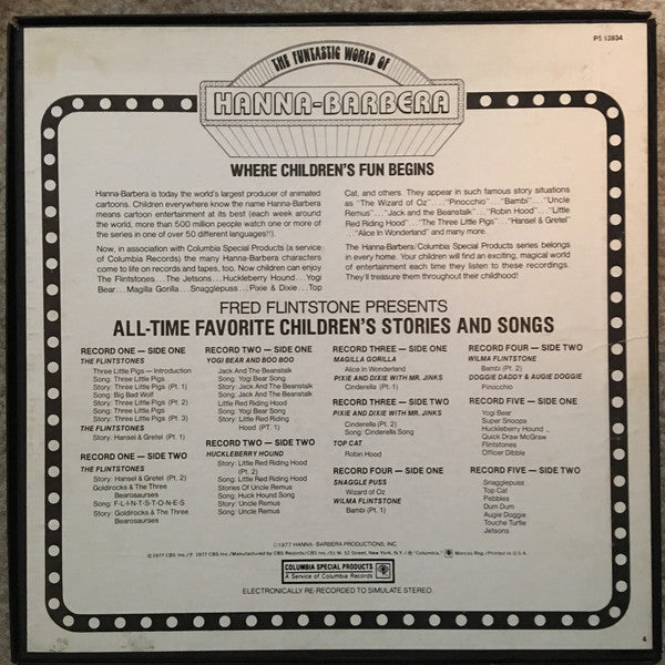 Various/The Flintstones ‎– Fred Flintstone Presents All-Time Favorite Children's Stories And Songs - VG+ 5 LP Record Box Set 1977 Columbia Special Products USA Vinyl & Poster - Children's / Story / Theme - Shuga Records