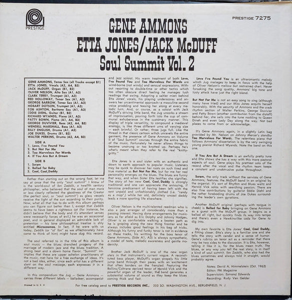 Gene Ammons / Etta Jones / Jack McDuff – Soul Summit Vol. 2 - VG LP Record 1963 Prestige USA Stereo Vinyl - Jazz / Soul-Jazz - Shuga Records