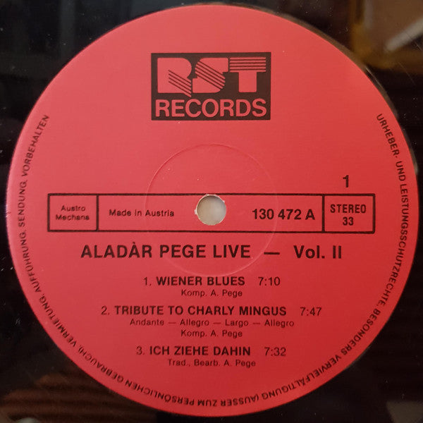 Aladár Pege – Aladár Pege Live, Solo Bass Vol. II - VG+ LP Record 1984 Rst Austria Import Vinyl - Jazz - Shuga Records