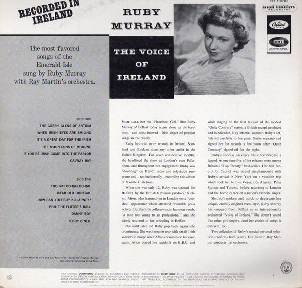 Ruby Murray With Ray Martin's Orchestra – The Voice Of Ireland (1956) - VG+ LP Record 1962 Capitol USA Vinyl - World / Celtic / Folk - Shuga Records