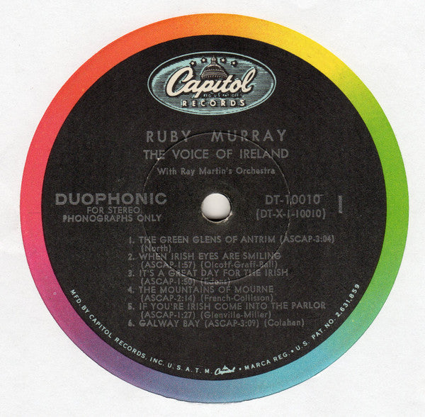 Ruby Murray With Ray Martin's Orchestra – The Voice Of Ireland (1956) - VG+ LP Record 1962 Capitol USA Vinyl - World / Celtic / Folk - Shuga Records