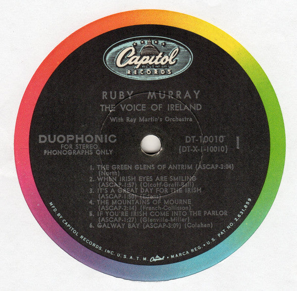 Ruby Murray With Ray Martin's Orchestra – The Voice Of Ireland (1956) - VG+ LP Record 1962 Capitol USA Vinyl - World / Celtic / Folk