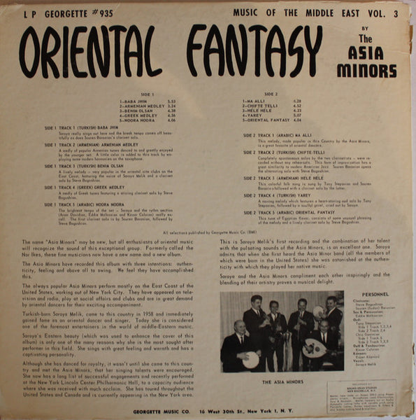 The Asia Minors Featuring Soraya Melik – Oriental Fantasy - Music Of The Middle East Vol. 3 - VG+ LP Record 1960's Georgette USA Vinyl- Middle East / World - Shuga Records