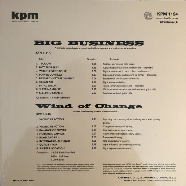 Keith Mansfield / Alan Hawkshaw / David Snell ‎– Big Business / Wind Of Change (1973) - New LP Record 2018 kpm/Be With UK Import 180 gram Vinyl - Jazz / Jazz-Funk - Shuga Records